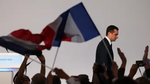 Jordan Bardella, President of the French far-right Rassemblement National (National Rally - RN) party, leaves the stage after his speech after partial results in the second round of the early French parliamentary elections in Paris, France, July 7, 2024.