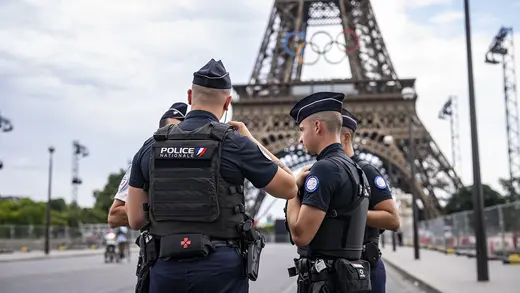 Members of the Brazilian and French Police forces patrol in Paris ahead of the 2024 Olympic and Paralympic Games.