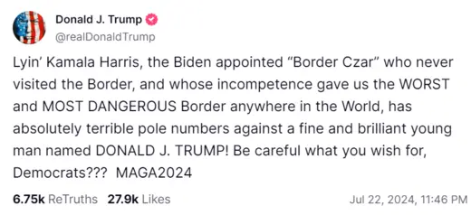 Trump Truth Social about Kamala 