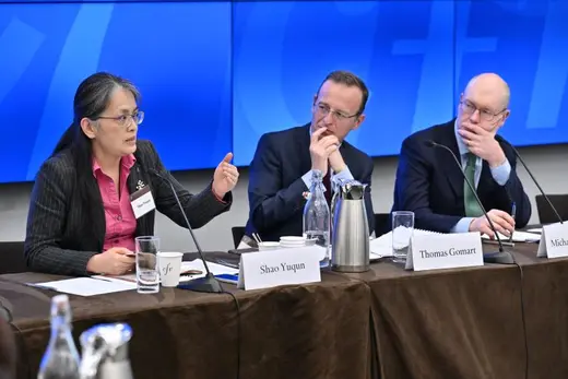 Shao Yuqun, Thomas Gomart, and Michael Fullilove at the annual conference in Washington, DC, on May 20, 2024. 