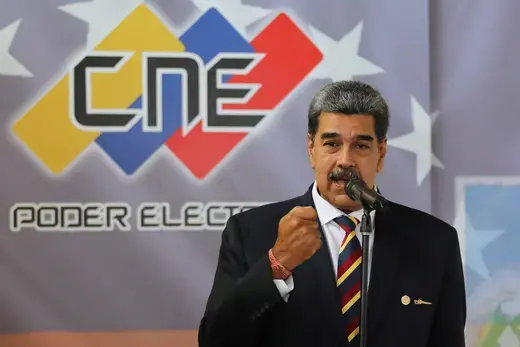 Venezuelan President Nicolás Maduro addresses the media after signing an agreement to recognize the results of the election.