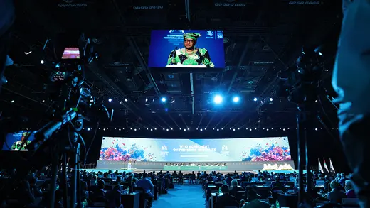 Director-General of the World Trade Organization (WTO) Ngozi Okonjo-Iweala addresses delegates during a session on fisheries subsidies during the 13th WTO Ministerial Conference in Abu Dhabi of February 26, 2024. The world's trade ministers gathered in the UAE on February 26 for a high-level WTO meeting with no clear prospects for breakthroughs, amid geopolitical tensions and disagreements