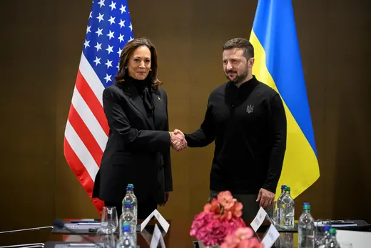 Vice President Kamala Harris of the United States (left) shakes hands with President Volodymyr Zelenskyy of Ukraine (right) as they meet for a bilateral talk during the Summit on peace in Ukraine, in Stansstad near Lucerne, Switzerland, Saturday, June 15, 2024.