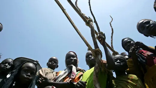 Displaced Sudanese children play in the "Autash" camp, in the north of Nyala, in the southern Darfur region of Sudan.