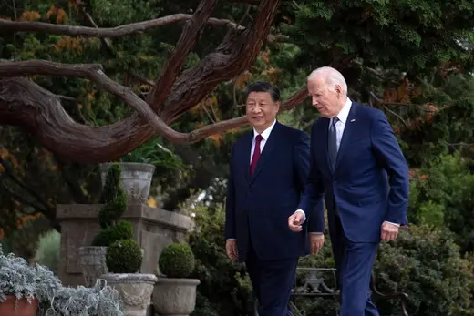 President Joe Biden and President Xi Jinping walk together after a meeting during the Asia-Pacific Economic Cooperation Leaders' Meeting in Woodside, California, on November 15, 2023. Brendan Smialowski/AFP/Getty Images