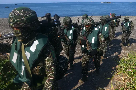 Soldiers partake in an amphibious landing drill as part of the Han Kuang military exercise in Pingtung, Taiwan.