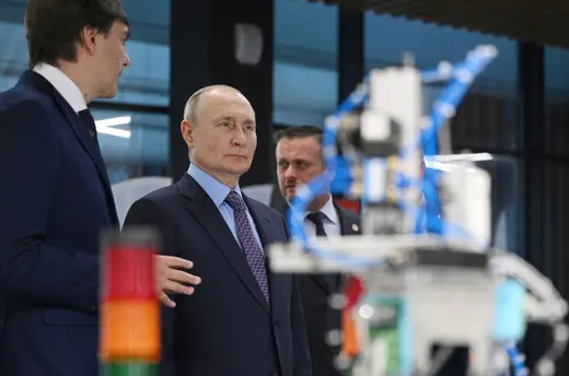 Russian President Vladimir Putin and Education Minister Sergei Kravtsov visit the innovative scientific-technological centre "Intelligent Electronics - Valdai", in Veliky Novgorod, Russia on September 21, 2023