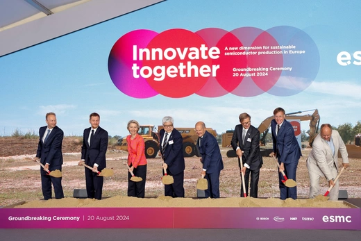 Minister-President of the Saxony state Michael Kretschmer, European Commission President Ursula von der Leyen, C.C. Wei, Chairman and CEO of TSMC and German Chancellor Olaf Scholz attend a groundbreaking ceremony for TSMC's first European plant.