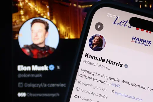 Elon Musk's account on X is seen displayed on a laptop screen next to Kamala Harris' account on X displayed on a phone screen in this illustration photo taken in Poland on July 24, 2024.