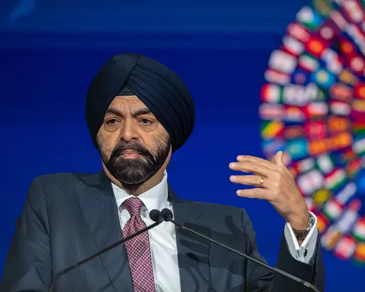 President of World Bank Group (WBG) Ajay Banga speaks during a press conference on the third day of the annual meetings of the WBG and the International Monetary Fund (IMF) in Marrakech, Morocco on October 11, 2023.