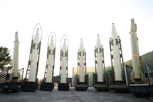 Iranian ballistic missiles displayed during the ceremony of joining the Armed Forces, in Tehran, Iran, on August 22, 2023. West Asia News Agency/Handout/Reuters 