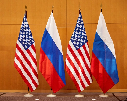 Russian and U.S. flags at the United States Mission in Geneva, Switzerland, on January 10, 2022. Denis Balibouse/Reuters