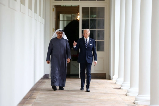 President Joe Biden walks with United Arab Emirates President Sheikh Mohamed bin Zayed on the day they hold a bilateral meeting at the White House, in Washington, DC on September 23, 2024.