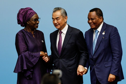 Senegal's Foreign Minister Yassine Fall, China's Foreign Minister Wang Yi, and DRC's Foreign Minister Jean-Claude Gakosso attend a press conference during the 2024 Summit of the FOCAC in Beijing, China on September 5, 2024.