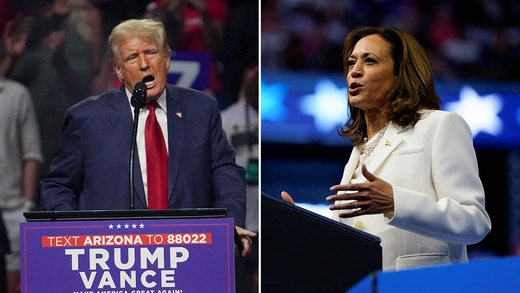 A side-by-side image of former President Donald Trump and Vice President Kamala Harris speaking at podiums.