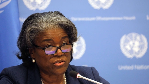 .S. Ambassador to the United Nations, Linda Thomas-Greenfield holds a news conference at the U.N. headquarters in New York City, N.Y., U.S.