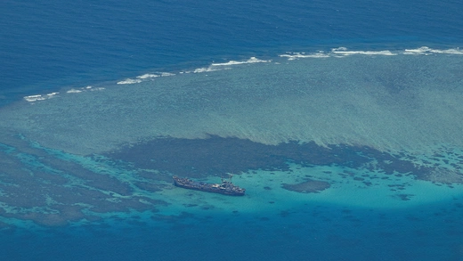 An aerial view shows the BRP Sierra Madre on the contested Second Thomas Shoal, locally known as Ayungin, in the South China Sea.