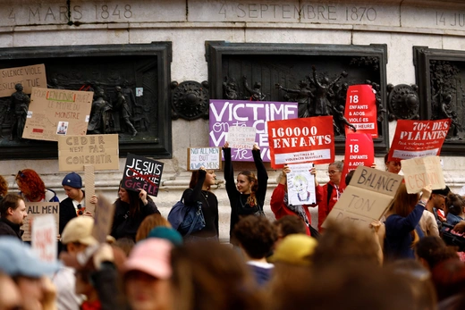 People attend a demonstration in support of rape victims and Gisele Pelicot, who was allegedly drugged and raped by men solicited by her husband Dominique Pelicot, as the trial continues, at the Place de la Republique in Paris, France, September 14, 2024. 