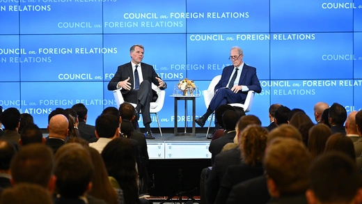 Nathaniel C. Fick, and CFR President Michael Froman on the CFR stage in Manhattan, New York.