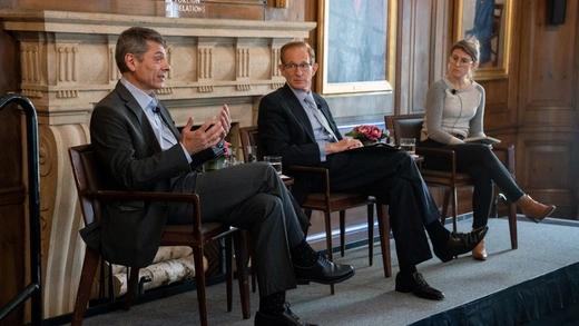 Alex Raskolnikov, Benn Steil, and Lydia DePillis seated on stage at the Council on Foreign Relations New York City office.