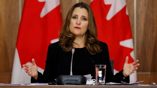 Canada's Finance Minister Chrystia Freeland speaks to news media in Ottawa, Canada.