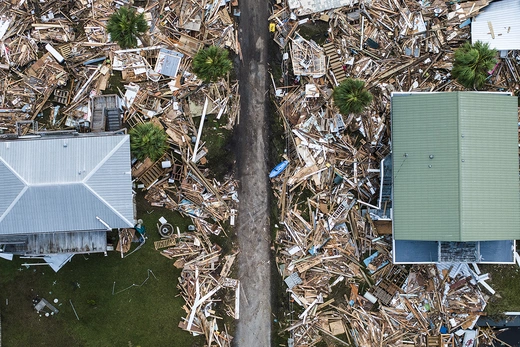 An aerial view of damaged houses in Horseshoe Beach, Florida, after Hurricane Helene.