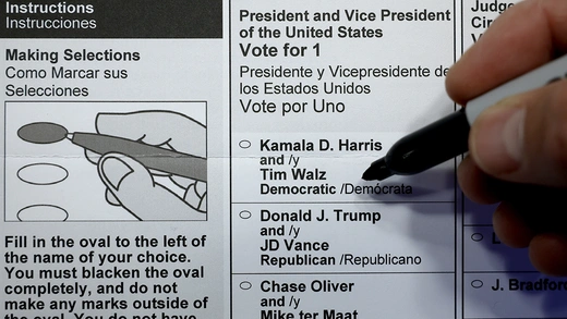 The names of the 2024 presidential candidates appear on a vote-by-mail ballot.