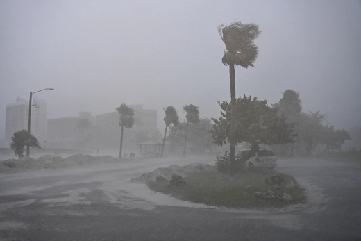 Heavy winds and rain are seen blowing over trees on the side of the road in Florida as Hurricane Milton approaches.