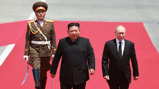 Russia’s President Vladimir Putin and North Korea’s leader Kim Jong-un attend an official welcoming ceremony in Pyongyang, North Korea, June 19, 2024.