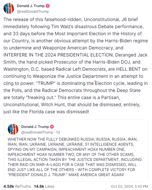 Trump Comments on Jack Smith Brief Oct. 2nd 