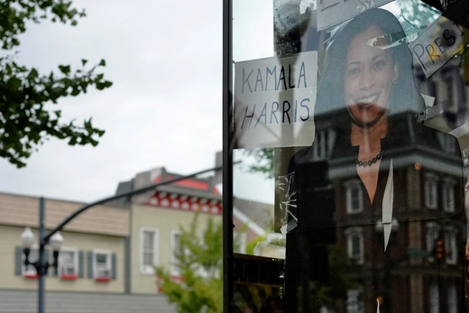 A cardboard cut-out of Democratic presidential nominee and U.S. Vice President Kamala Harris stands in the window of the offices of the Indiana County Democrats, ahead of a campaign rally with Republican presidential nominee and former U.S. President Donald Trump in Indiana, Pennsylvania, U.S., September 23, 2024. 