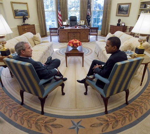 President George W. Bush meets president-elect Barack Obama in the Oval Office