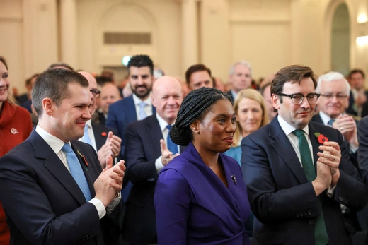 Robert Jenrick applauds next to Kemi Badenoch, after Badenoch was announced as the new leader of Britain's Conservative Party, in London, Britain on November 2, 2024.