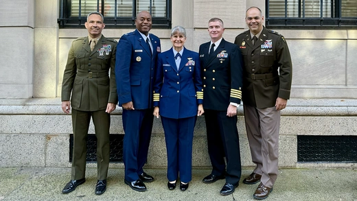 CFR's 2024-2025 Military Fellow cohort Nathan M. Colvin, Thomas P. O’Donnell, Tina J. Peña, Todd E. Randolph, and Wilfred Rivera pictured in front of CFR's New York office.