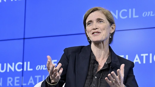 U.S. Agency for International Development (USAID) Administrator Samantha Power speaks atop the Council on Foreign Relation stage.