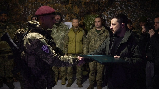 Ukrainian President Volodymyr Zelenskyy visits soldiers on the frontline in Ukraine’s eastern Donetsk region in November 2024.