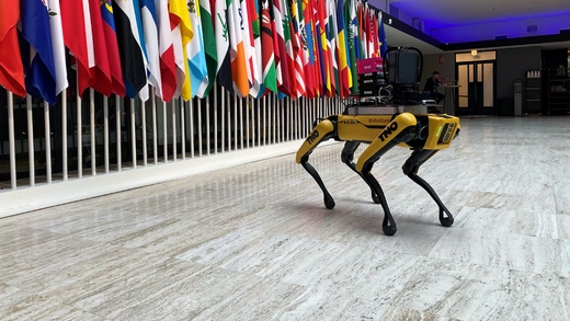 A robotic dog is shown at the Responsible Artificial Intelligence in the Military (REAIM) summit, on responsible use of military artificial intelligence