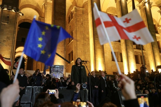 Georgia's President Salome Zourabichvili addresses participants of a rally organized by supporters of opposition parties to protest against the result of a recent parliamentary election won by the ruling Georgian Dream party, in Tbilisi, Georgia.