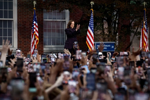 Democratic presidential nominee U.S. Vice President Kamala Harris applauds the audience as she attends to deliver remarks, conceding 2024 U.S. presidential election to President-elect Donald Trump, at Howard University in Washington, U.S., November 6, 2024. 