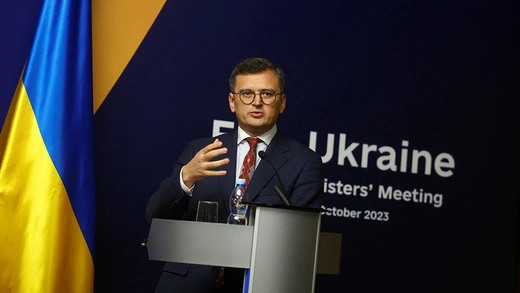 Ukrainian Foreign Minister Dmytro Kuleba speaks to the media during a joint press conference in Kiev, Ukraine.