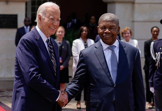 President Joe Biden shakes hands with Angolan President Joao Manuel Goncalves Lourenco at the Presidential Palace in Luanda, Angola, on December 3, 2024.