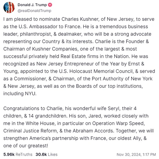Trump announces Charles Kushner