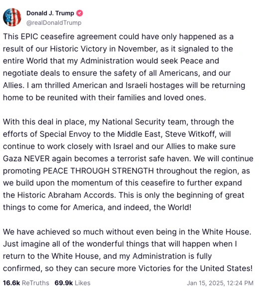 Trump claims credit for Israel Hamas Ceasefire 