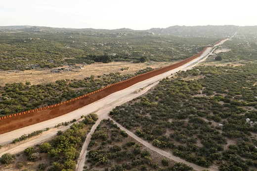 An aerial view of the wall along the U.S.-Mexico border, in Jacumba Hot Springs, California.