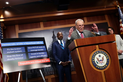 Senate Majority Leader Chuck Schumer (D-NY) speaks during a press conference about the Chamber’s failure to pass the Border Act of 2024.