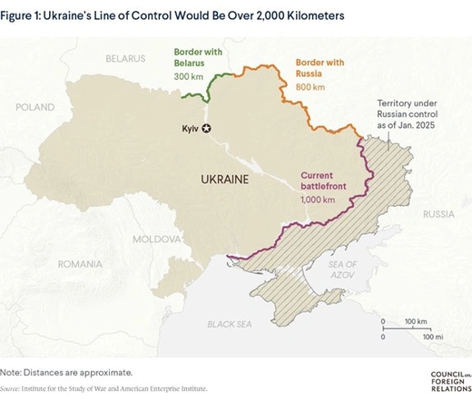 A map of Ukraine demonstrating the current battlefront and Ukraine's borders with Belarus and Russia.