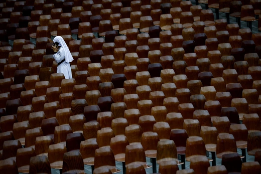 A nun speaks on the phone before Pope Francis holds a special audience for the participants in the IV International Meeting of Choirs, in Paul VI Hall at the Vatican, June 8, 2024.