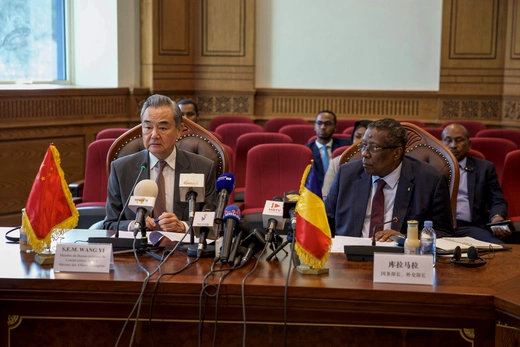 Chad’s Foreign Minister Abderaman Koulamallah meets with China’s Foreign Minister Wang Yi at the Ministry of Foreign Affairs in N’Djamena, Chad on January 8, 2025. JORIS BOLOMEY/AFP via Getty Images 