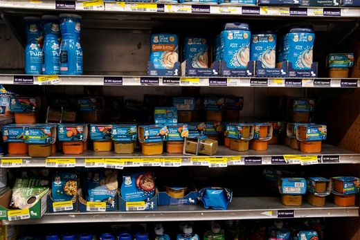 Baby food on display in U.S. grocery store.