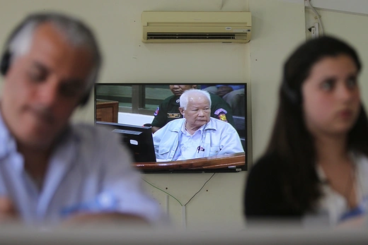 Former Khmer Rouge leader Khieu Samphan is seen on a screen at the media room of the Extraordinary Chambers in the Courts of Cambodia (ECCC) on the outskirts of Phnom Penh.